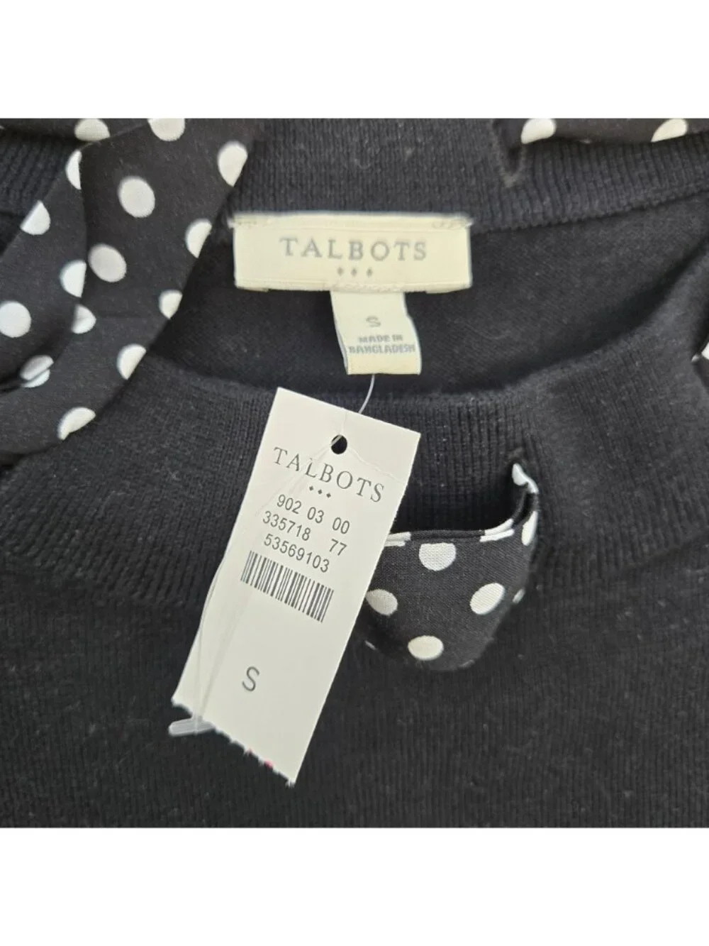 NWT Talbots Outlet Polka Dot Ribbon Detail 3/4 Sleeve Sweater Size Small